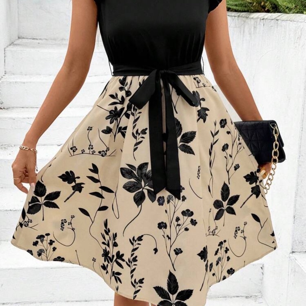 SHEIN Black & Blush Floral Midi Dress | Size M | Belted Waist